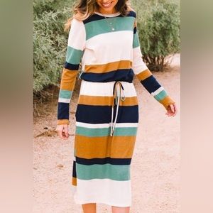 Multicolor Block Drawstring Waist Long Sleeve Midi Dress